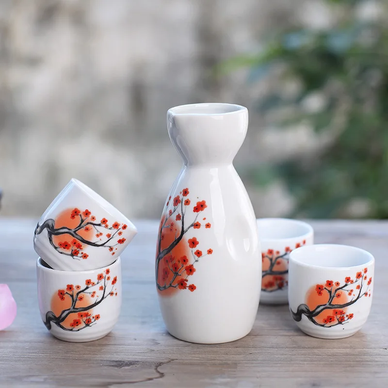 

Japanese Sake Set with Four Cups Hand Painted safflower Porcelain Style Pottery Traditional Ceramic Crafts Wine Cup Pot