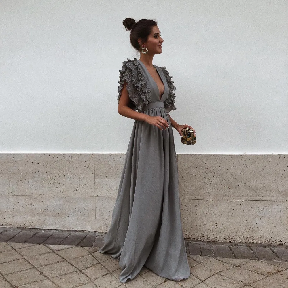 Women Sexy Deep V Neck Backless Maxi Dress Summer High Waist Ruffles Long Dress Vintage Boho Beach Party Dresses Dresses