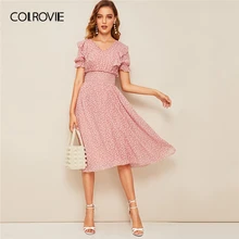 COLROVIE, розовое платье с v-образным вырезом и рюшами, с пышными рукавами, гофрированное, талия, бохо, женское платье,, летнее, корейское, ТРАПЕЦИЕВИДНОЕ, облегающее и расклешенное, длинное платье