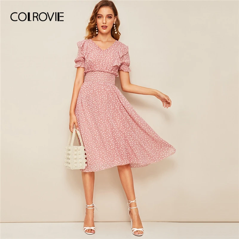

COLROVIE Pink V Neck Ruffle Trim Puff Sleeve Shirred Waist Boho Dress Women 2019 Summer Korean A Line Fit and Flare Long Dresses