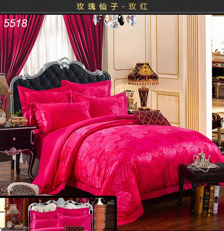 Rose red tribute silk bedding set luxury satin silk European ruffles