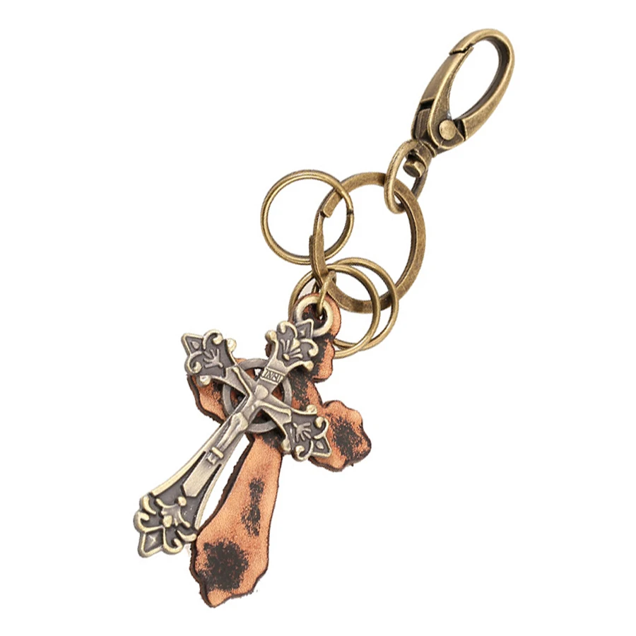 Punk Vintage Cross Keychain Chaveiro Genuine Leather Men Car Key Chains