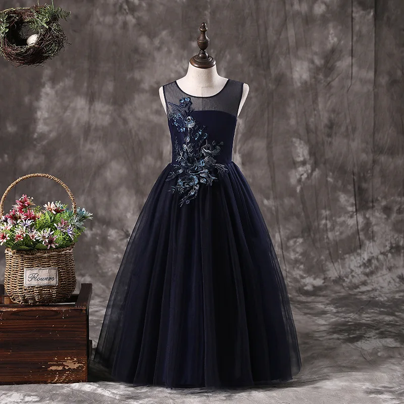 

Elegant Long Sunny Girls Dress Ball Gowns Embroidery Flower Girl Dresses for Performance Show Prom Party 2018 New Kids Clothes