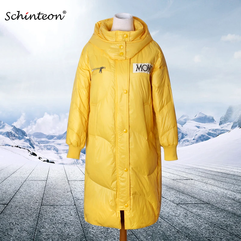 

Schinteon 2019 New Korean Style White Duck Down Long Jacket Coat Loose Winter Outwear with Hood Over Size Warm Coat Fashion