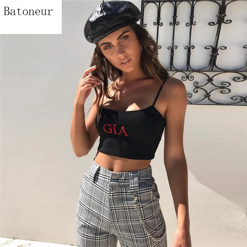 

New Fashion Women Soild Black Tank Tops With Red Letter "GIA" Print Sexy Casual Sleeveless Camisole Crochet Croptop