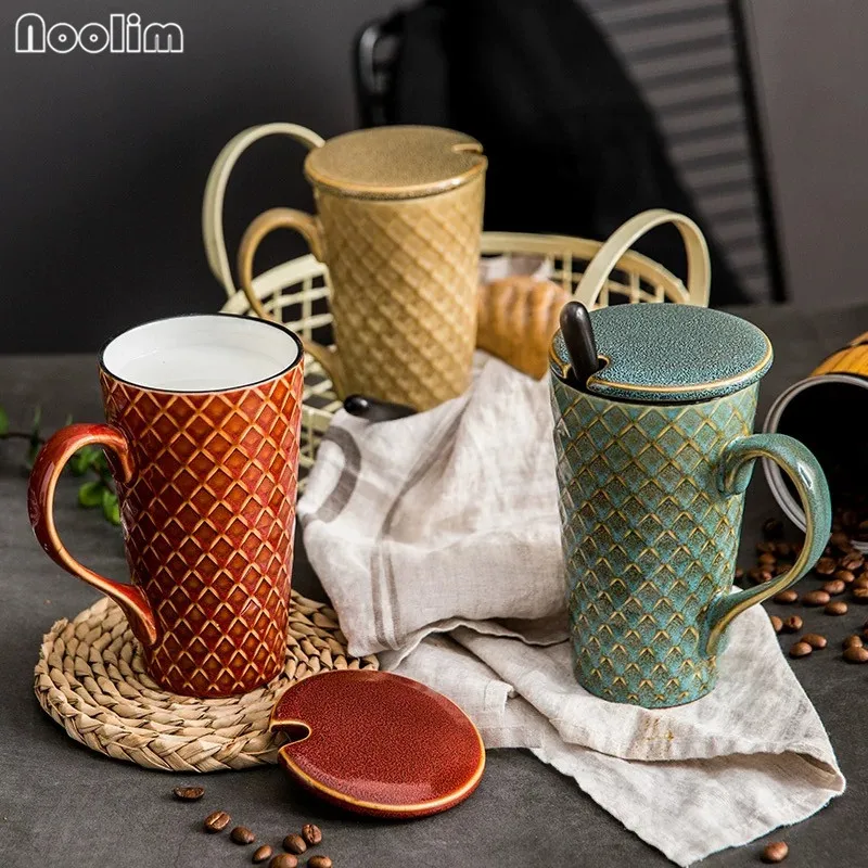 

Large Capacity Nordic Retro Ceramic Mug With Spoon and Lid Coffee Mug Creative Office Tea Water Cup Drinkware Couples Gift
