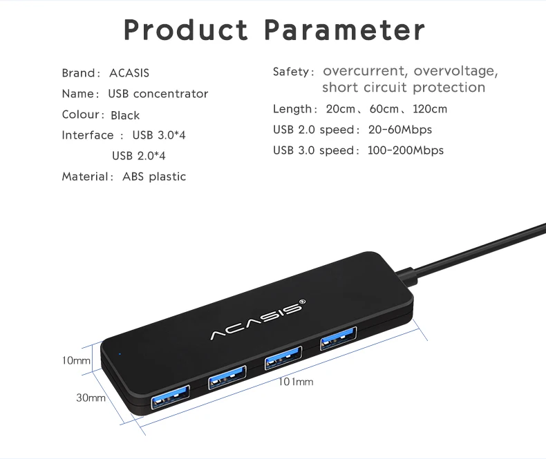 Acasis USB 2.0 3.0 Compact Portable High Speed HUB Support Multipe USB Decice Hub for PC Laptop 4 Ports Extension Adapter