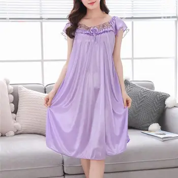 

Smooth Imitation Silk Night Dress Women's Summer Satin Lace Sexy Short Sleeve Backless Dresses Plus Size Sleepwear Bedgown