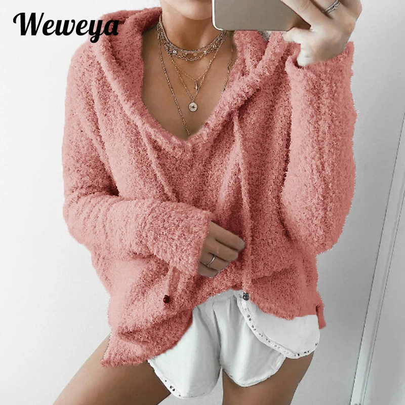 

Weweya Plus Size 3XL Women Hoodies Loose Outerwear Drawstring Hooded Sweatshirt Female Mohair Pullovers Sweatshirt for Women