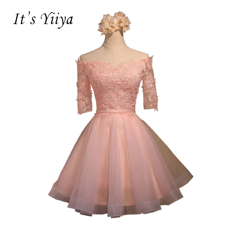 

It's YiiYa 2017 Pink Red Gray Boat Neck Half Sleeves A-line Cocktail Dresses Lace Tulle Lace up Simple Short Formal Dress BF003