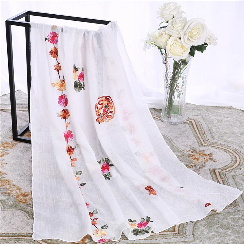 

Women Embroidery scarf Elegant Nepal flower scarf shawl Cotton linen long shawl Free shipping