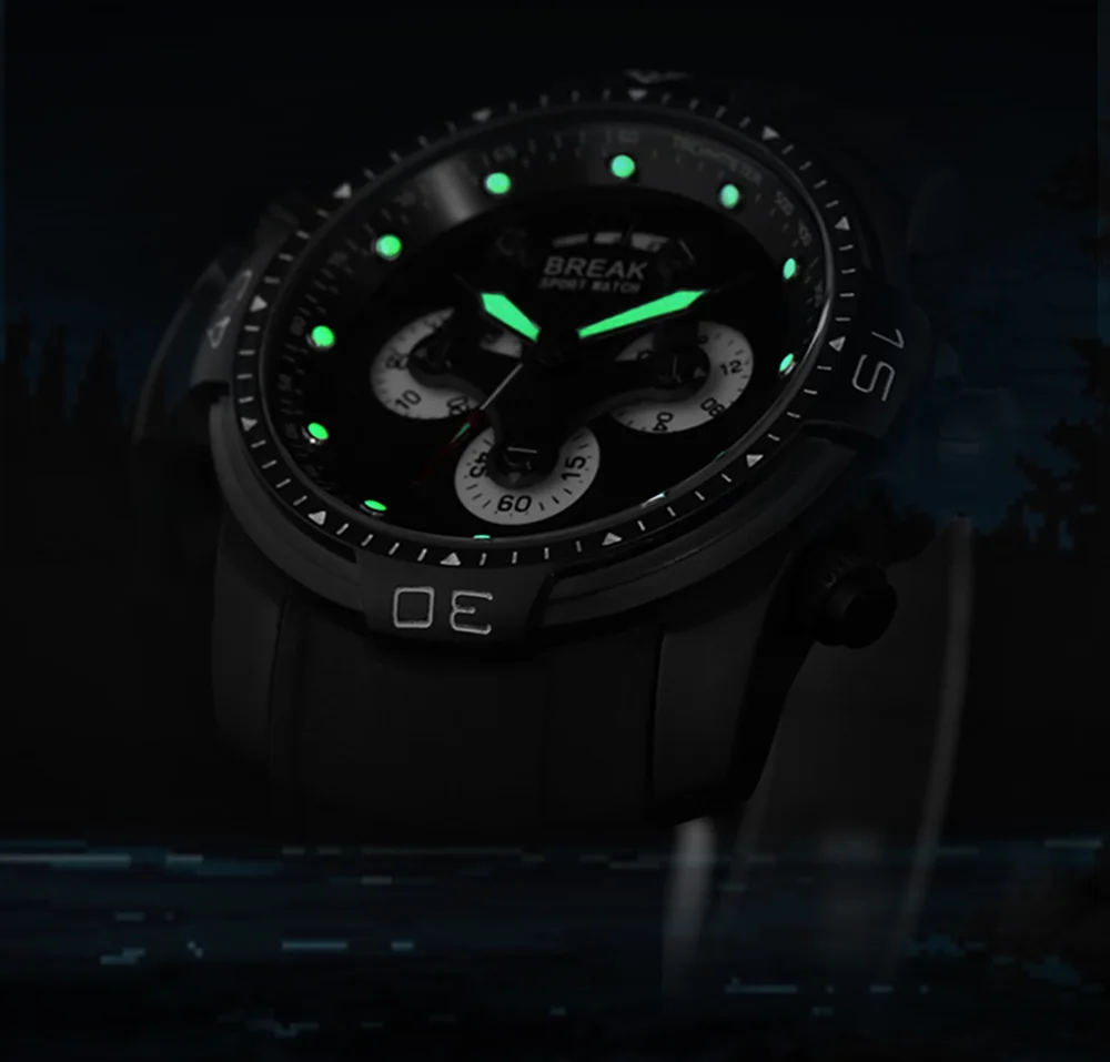 BREAK Дизайнерские мужские Модные Военные Спортивные часы с резиновым ремешком, Кварцевые водонепроницаемые часы с хронографом, роскошные Брендовые мужские наручные часы