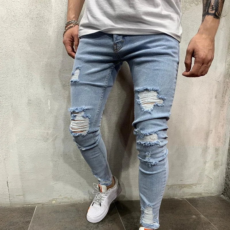 Blog SHUJIN Cotton Streetwear Men Jeans Destroyed Ripped Design Pencil Pants Ankle Skinny Men Full Length Vintage Jeans Hole Trousers
