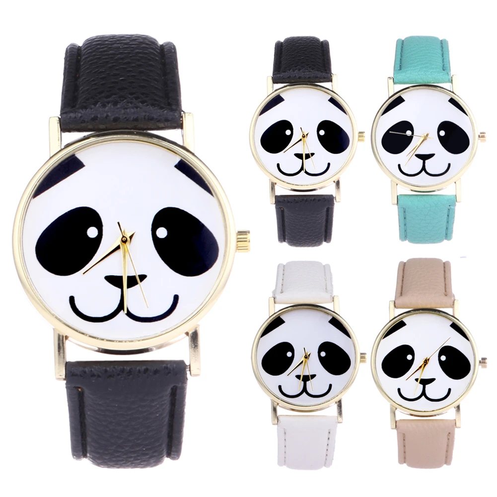 

New Unisex Students Quartz Wristwatch Lovely Panda Pattern PU Leather 1.50" Dial Boy/Girl/Lovers Casual Watches Black/Brown