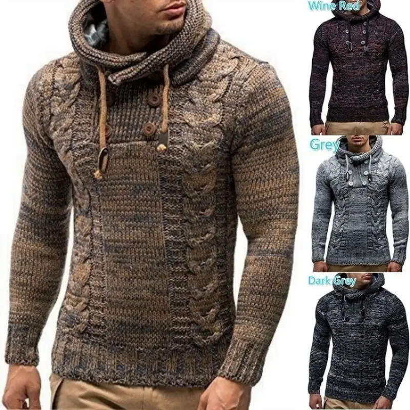 Осенний и зимний мужской свитер с высоким круглым вырезом, пуловер с длинным рукавом, цветочный двубортный тонкий свитер с капюшоном