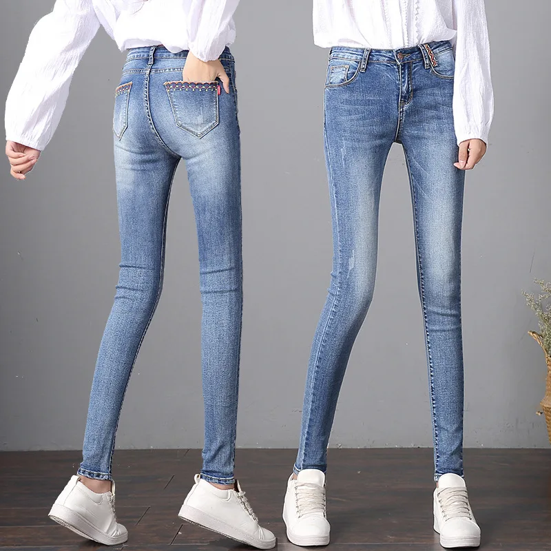 Jeans for Women mom High Waist Woman Elastic plus size Stretch female washed denim skinny pencil pants | Женская одежда