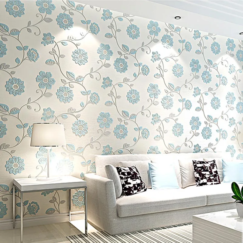 

3D Idyllic flower Small fresh Self-sticking Wallpaper blue/pink livinroom Girl Boy Bedroom Cartoon Non-Woven 53cmX100cm