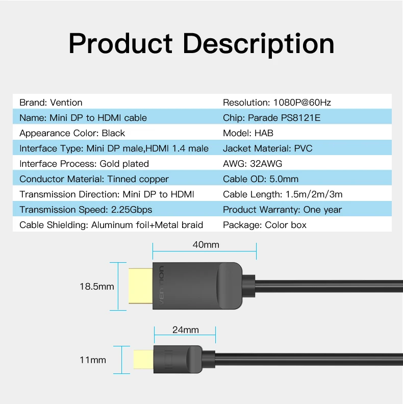 Vention Thunderbolt мини кабель DP-HDMI Mini Displayport в HDMI кабель компьютер ТВ адаптер для PC/Mac OS HD ТВ проектор 1080P