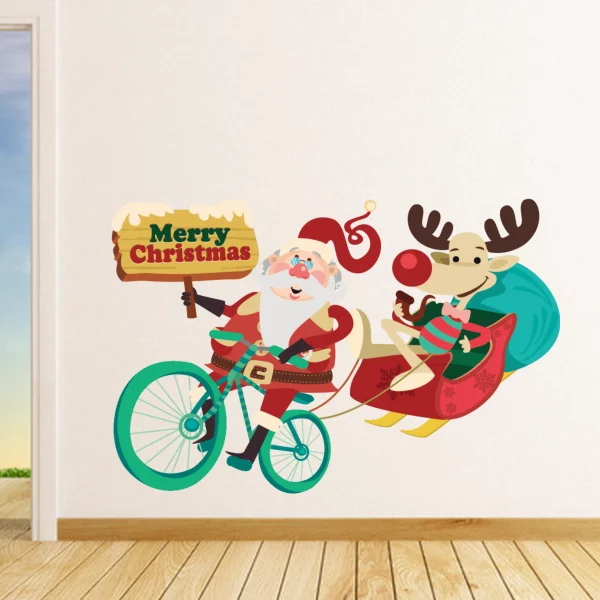 Christmas Father Bicycling Illustration Wall Stickers
