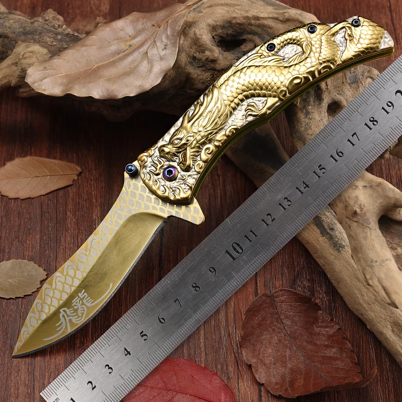 

OL survival folding knife camping hunting knives Stainless steel 440 sharp blade dragon emboss handle EDC facas pocket Hand tool