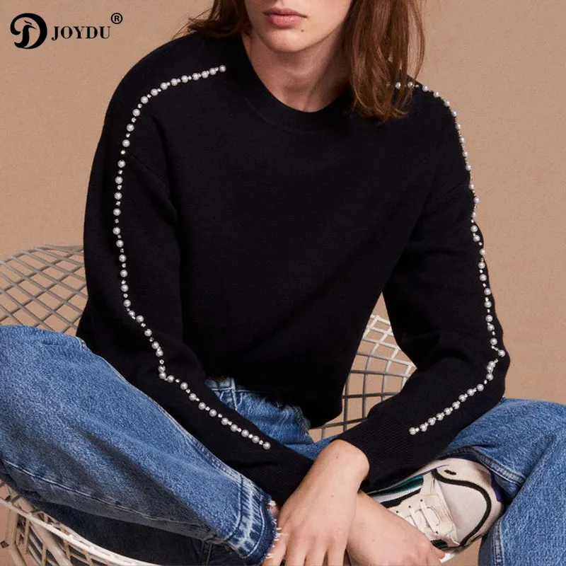 

JOYDU 2018 Autumn Runway Sweater Women Luxury Diamonds Pearls Beading Casual Jersey Knitted Sweaters Pullover Oversize Harajuku