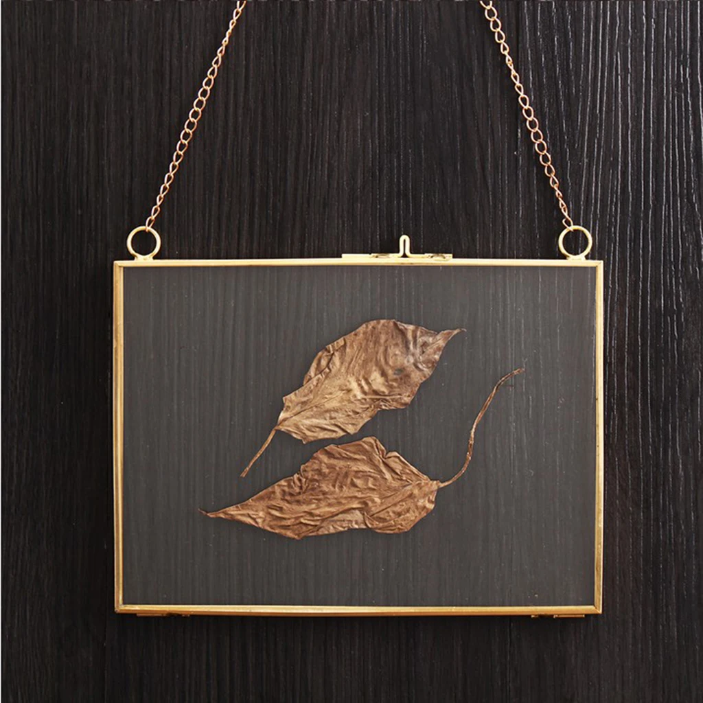 

2Pc Vintage 2-side Chain Hanging Glass Photo Frame Picture Holder Plant Specimen Dried Flower Holder for Home Wall Decor-16x14cm