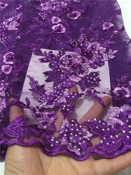 

2019 High Quality African Lace Fabric Peach French Net Embroidery stones beads Tulle Lace Fabric For Nigerian party Dress purple