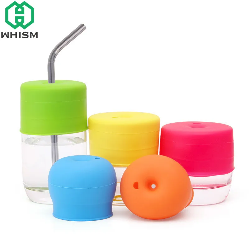 

WHISM Durable Anti-spilled Silicon Mug Covers Stretchable Leak Proof Straw Tumble Milk Cup Glass Sippy Lids for Children Kids
