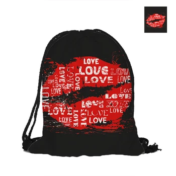 

Kiss And Love Drawstring Backpack Red Lips Double Sided Printing Polyester Pouch Backpacks For Travel And School