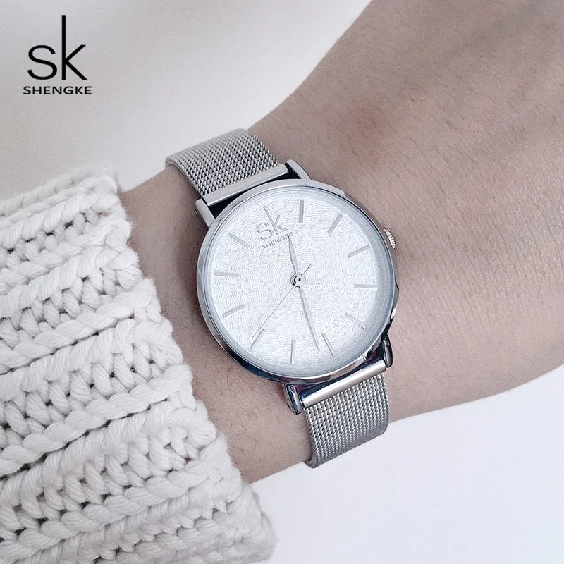 Shengke часы для женщин Лидирующий бренд роскошные серебряные из нержавеющей стали женские кварцевые часы Reloj Mujer SK женские часы-браслет