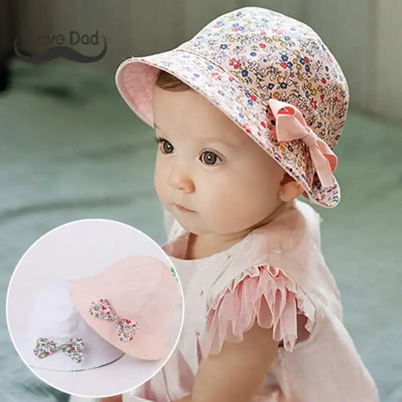 Summer Flower Print Cotton Baby Hat Cap Kid Girls Floral Bowknot Caps