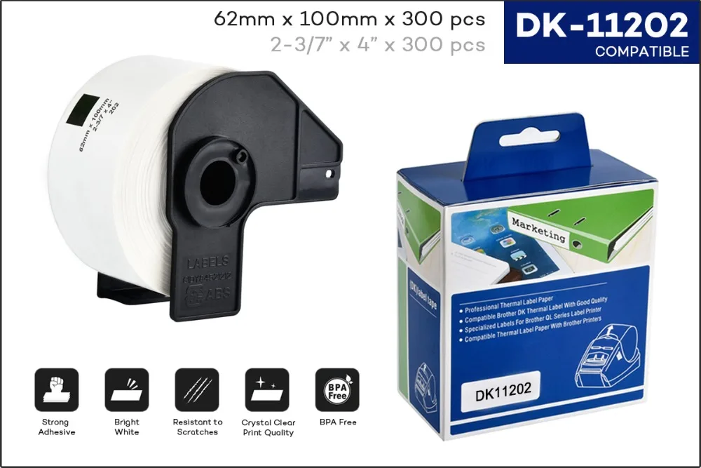 1 рулон термальной бумаги DK-11202 62 мм* 100 мм высечки термальной бумаги совместимый для устройство для печатания этикеток белая бумага DK11202
