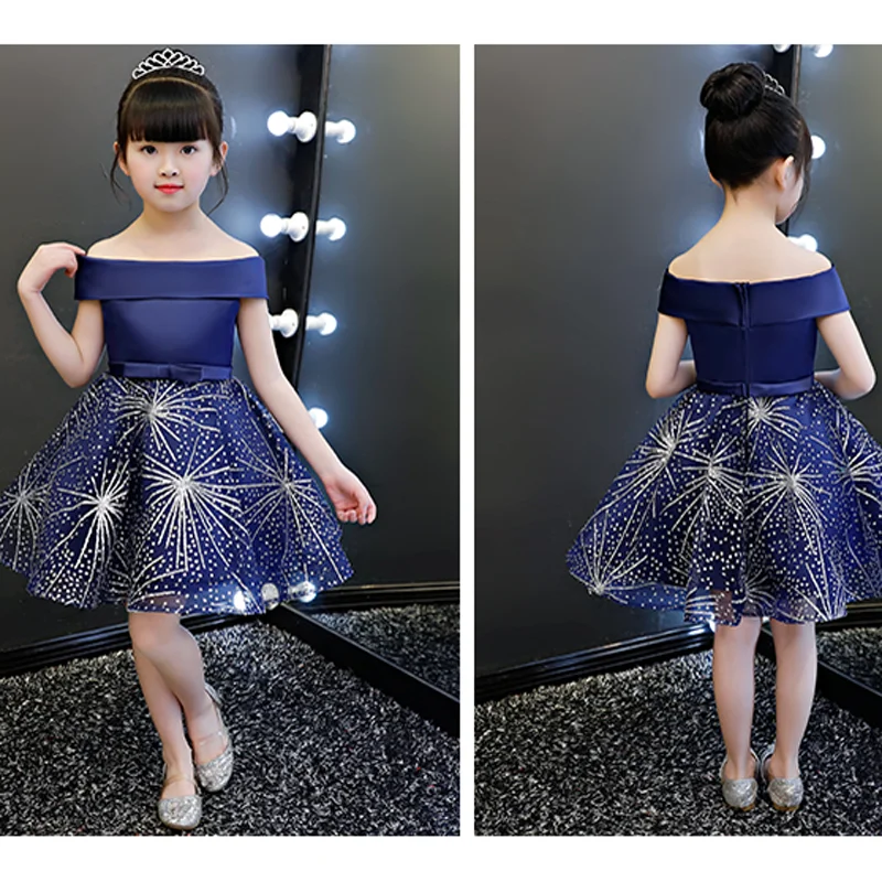 Новые Детские элегантные Shoulderless платье принцессы для девочек платья для девочек на свадьбу платье на день рождения для девочек Модель Показать платье для выпускного вечера E42