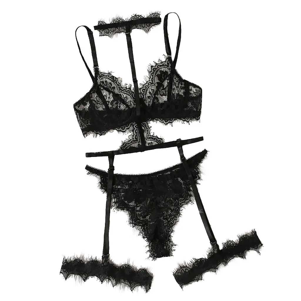 

Sexy Lingerie Summer Sexy Exquisite Lace Lingerie Bra+Garter+Briefs Set Babydoll Cut-Out Sleepwear Black S-XL Underwear Set