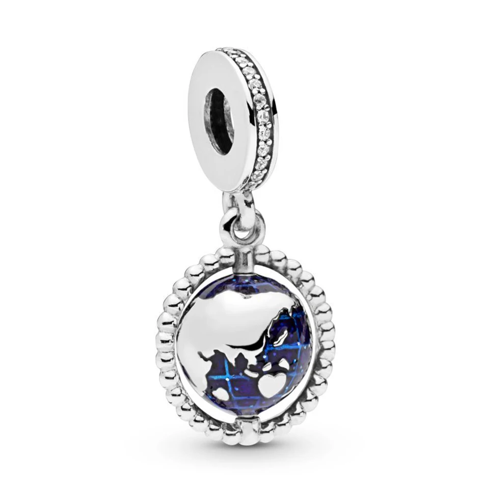 

Authentic 925 Sterling Silver Enamel Spinning Globe With Crystal Pendant Hanging Bead Charm Fit Pandora Bracelet Bangle Jewelry