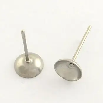 

304 Stainless Steel Post Ear Stud Components with 316 Stainless Steel Pins, Stainless Steel Color, 8mm; pin: 0.8mm
