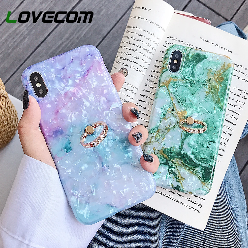 

LOVECOM Phone Case For iPhone XR XS Max 6 6S 7 8 Plus X Dream Conch Marble Soft IMD Phone Back Cover Coque With Finger Ring Gift