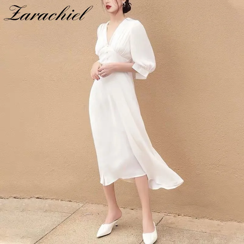 

Women Autumn Summer Soild White Puff Sleeve V-neck Button Embellished High Waist Mid-calf Chiffon Dress Elegant Party Vestidos