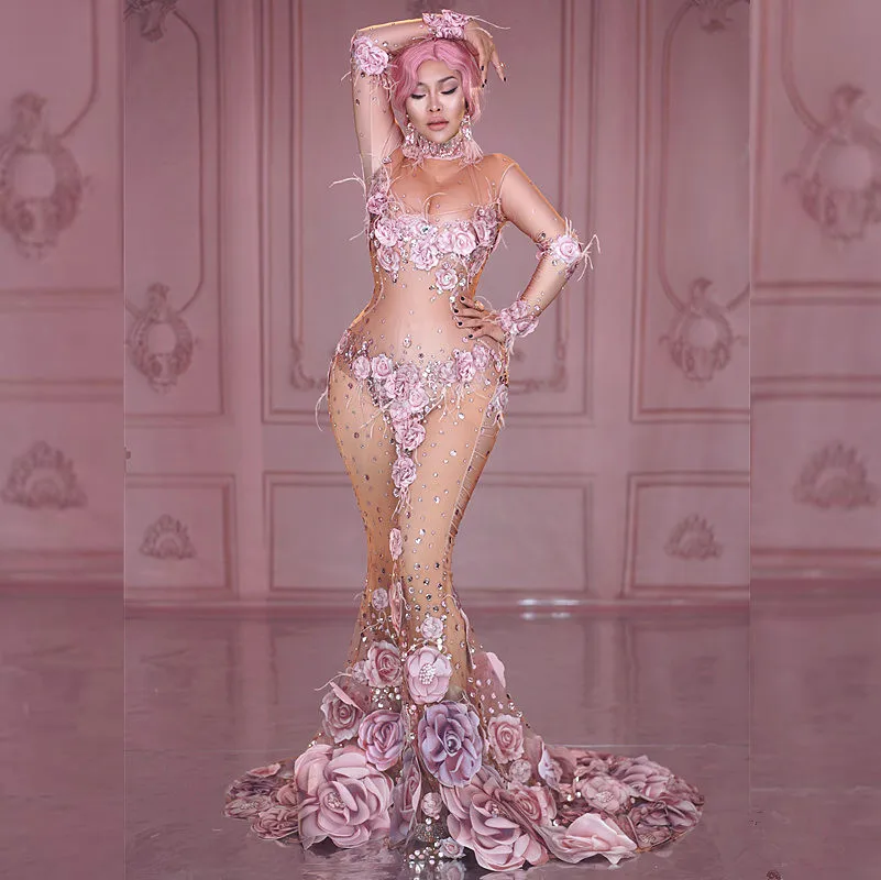 

2019 Fashion Design Pink Flowers See Through Long Dress 3D Pattern Mesh Stretch Party Dress Women Singer Performance Costume