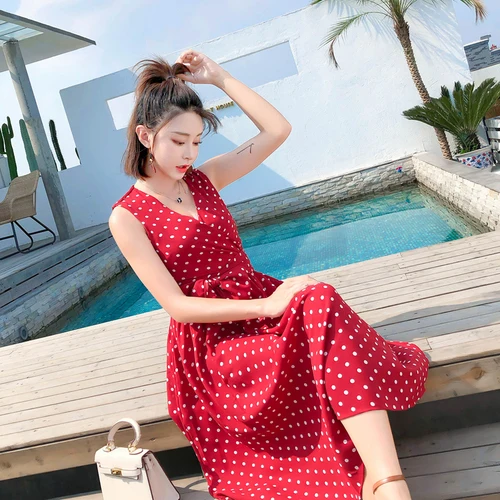 2019 Summer New Korean Dot Red Sleeveless Long Dresses Woman Drawstring ...