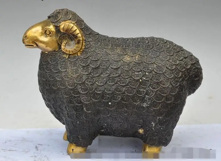 

S6919 10" chinese bronze gilt wealth money coin animal zodiac sheep goat lucky statue D0318