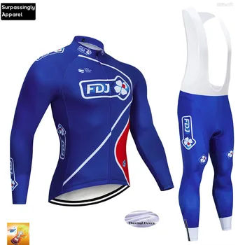 

2019 Pro Team Cycling Jersey Set FDJ Blue Winter Thermal Fleece Long Sleeve Men Road MTB Bike Bicycle Cycling Clothing Set 16D