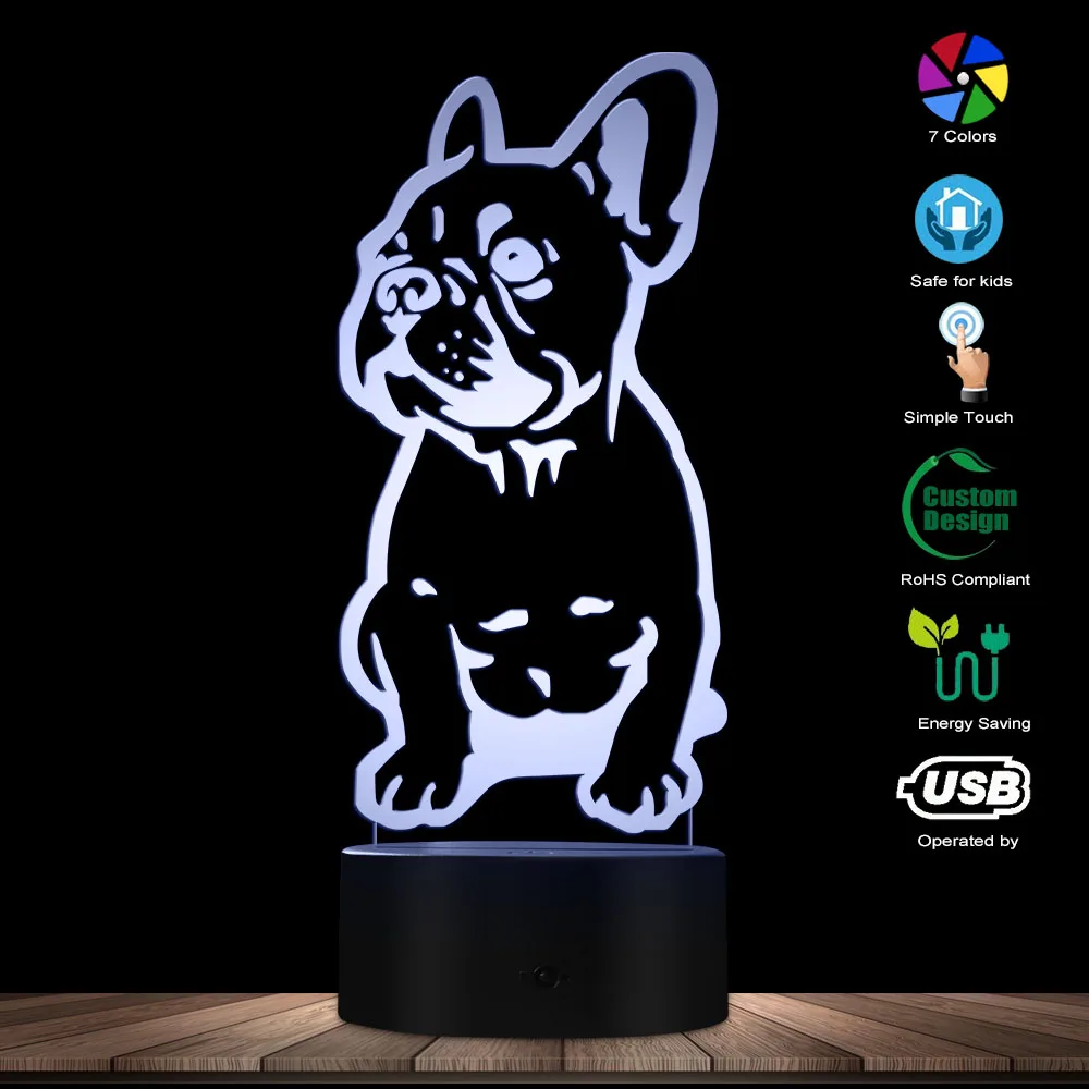 3D эффект в форме французского бульдога визуальный светильник Desigend 3D оптический иллюзионный светильник для питомца щенка, спальни, ночник, Декор, настольная лампа