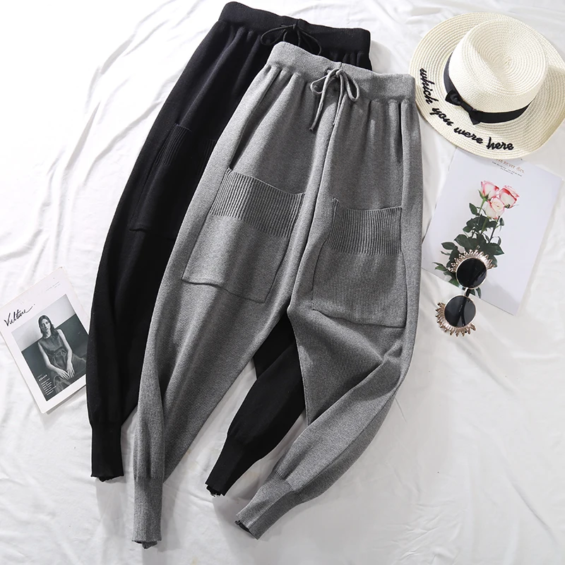 

2019 spring autumn new fashion loose knitted double pocket harem pants elastic waist women ankle length radish pants