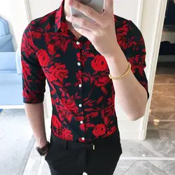 2018 Осень Новая мода печатных Половина рукава рубашки мужчины Camisa мужской тонкий цветок рубашки винтажные хлопковые повседневные мужские