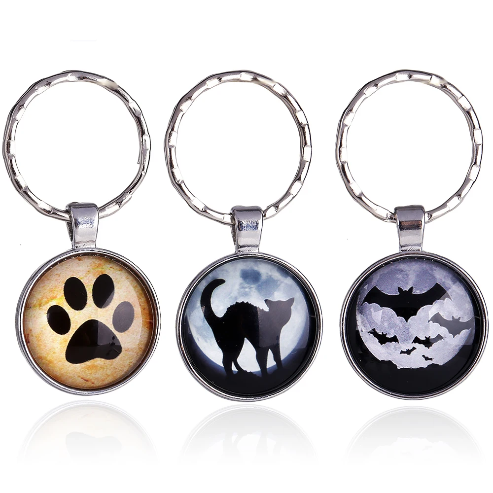 Fashion Design Vintage Halloween Keychains Black Cat Bat Time Stone