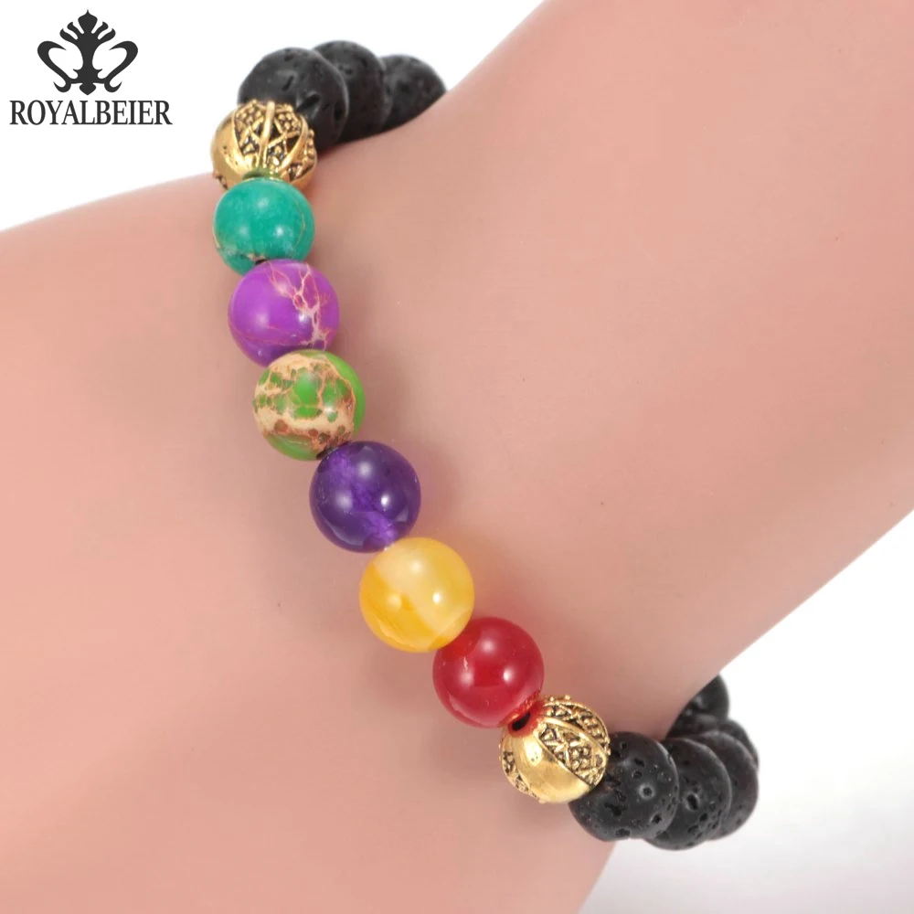 

RoyalBeier Wholesale 2017 Fashion Men Bangle Bracelet Mixed Natural Stone Beads Chain Budda Bracelets For Women