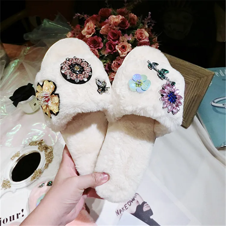 Women Indoor Slippers Shoes Flower Bee Rhinestone White Crystal Shoes Princess Ladies Autumn Winter Warm Plush Slippers M8G15 (3)