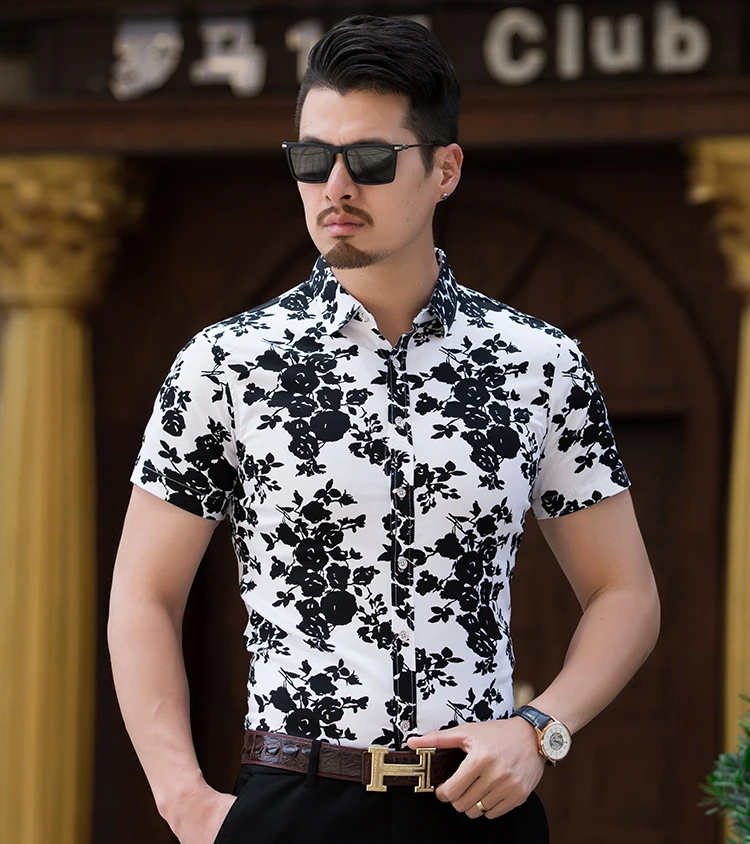 2019 Новый стиль бренд Мужская одежда Летняя рубашка с короткими рукавами Slim Fit Человек платье Masculino Цветочный принт рубашка плюс Размеры M-7XL