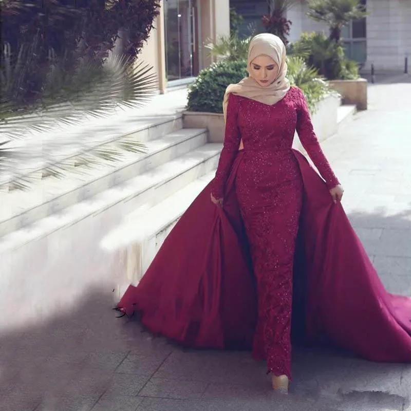 

Detachable Muslim Evening Dresses 2019 Mermaid Long Sleeves Lace Beaded Formal Islamic Dubai Saudi Arabic Long Evening Gown Prom